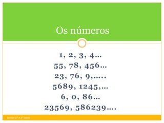 Os números

                        1, 2, 3, 4…
                       55, 78, 456…
                       23, 76, 9,…..
                       5689, 1245,…
                         6, 0, 86…
                     23569, 586239….
turma 2º e 3º anos
 