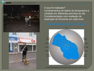 APRESENTAÇÃO EM PELOTAS (RS), 7 DE DEZEMBRO DE 2012



O que foi realizado?
Levantamentos de dados de temperatura e
umidade em diferentes períodos do dia.
Complementação com avaliação de
obstrução do horizonte em cada local

     Sete de Setembro c/ Gen. Osório
                                   N.V.
                                  N.V.




   22 Jun                                                        22 Jun
  24 Jul                                                          21 Mai


28 Ago                                                              16 Abr


23 Set                                                               21 Mar


20 Out                                                              23 Fev


  22 Nov                                                          21 Jan
   22 Dez                                                        22 Dez




 Projeção Estereográfica dos Percursos Aparentes do Sol - Latitude =-31,8
 