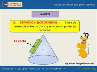 23/10/2021 13
LA RECTA
A. DEFINICIÓN (LOS GRIEGOS) .- Línea de
tangencia entre un plano y un cono al poner en
contacto.
Ing. Nilton Arzapalo Marcelo
La recta
 