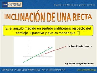 23/10/2021 15
Ing. Nilton Arzapalo Marcelo
Es el ángulo medido en sentido antihorario respecto del
semieje x positivo y que es menor que ∏
Inclinación de la recta
 