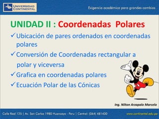 23/10/2021 5
UNIDAD II : Coordenadas Polares
Ubicación de pares ordenados en coordenadas
polares
Conversión de Coordenadas rectangular a
polar y viceversa
Grafica en coordenadas polares
Ecuación Polar de las Cónicas
Ing. Nilton Arzapalo Marcelo
 