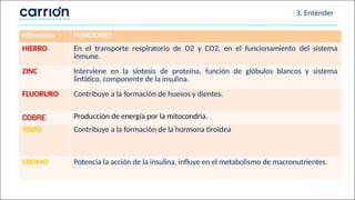 3. Entender
Minerales FUNCIONES
HIERRO En el transporte respiratorio de O2 y CO2, en el funcionamiento del sistema
inmune.
ZINC Interviene en la síntesis de proteína, función de glóbulos blancos y sistema
linfático, componente de la insulina.
FLUORURO Contribuye a la formación de huesos y dientes.
COBRE Producción de energía por la mitocondria.
YODO Contribuye a la formación de la hormona tiroidea
CROMO Potencia la acción de la insulina, influye en el metabolismo de macronutrientes.
 