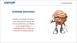 Actividad asincrónica
Analiza el artículo científico
que relacione la ingesta de
micronutrientes y su efecto
en la terapia física o
rehabilitación y realiza un
resumen de dicho artículo
4. Experimentar
 