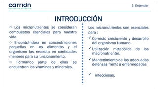 3. Entender
o Los micronutrientes se consideran
compuestos esenciales para nuestra
vida.
o Encontrándose en concentraciones
pequeñas en los alimentos y el
organismo las necesita en cantidades
menores para su funcionamiento.
o Formando parte de ellas se
encuentran las vitaminas y minerales.
Los micronutrientes son esenciales
para :
Correcto crecimiento y desarrollo
del organismo humano.
Utilización metabólica de los
macronutrientes.
Mantenimiento de las adecuadas
defensas frente a enfermedades
 infecciosas.
INTRODUCCIÓN
 