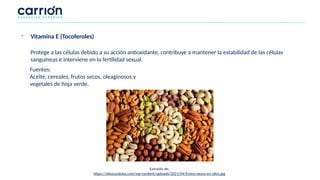 Fuentes:
Aceite, cereales, frutos secos, oleaginosos y
vegetales de hoja verde.
Protege a las células debido a su acción antioxidante, contribuye a mantener la estabilidad de las células
sanguíneas e interviene en la fertilidad sexual.
- Vitamina E (Tocoferoles)
Extraído de:
https://siloscordoba.com/wp-content/uploads/2021/04/frutos-secos-en-silos.jpg
 