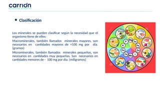 Los minerales se pueden clasificar según la necesidad que el
organismo tiene de ellos:
Macrominerales, también llamados minerales mayores, son
necesarios en cantidades mayores de +100 mg por día.
(gramos)
Microminerales, también llamados minerales pequeños, son
necesarios en cantidades muy pequeñas. Son necesarios en
cantidades menores de - 100 mg por día. (miligramos)
● Clasificación
 