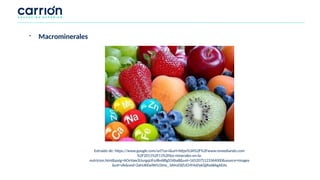 Extraído de: https://www.google.com/url?sa=i&url=https%3A%2F%2Fwww.remediando.com
%2F2011%2F11%2Flos-minerales-en-la-
nutricion.html&psig=AOvVaw3UurgqUFoJ8n6RlgS5XbaB&ust=1652075123364000&source=images
&cd=vfe&ved=2ahUKEwiW5J3Imc_3AhUOlZUCHY4vDykQjRx6BAgAEAs
- Macrominerales
 