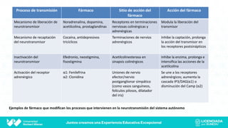 Proceso de transmisión Fármaco Sitio de acción del
fármaco
Acción del fármaco
Mecanismo de liberación de
neurotransmisor
Noradrenalina, dopamina,
acetilcolina, prostaglandinas
Receptores en terminaciones
nerviosas colinérgicas y
adrenérgicas
Modula la liberación del
transmisor
Mecanismo de recaptación
del neurotransmisor
Cocaína, antidepresivos
tricíclicos
Terminaciones de nervios
adrenérgicos
Inhibe la captación, prolonga
la acción del transmisor en
los receptores postsinápticos
Inactivación del
neurotransmisor
Efedronio, neostigmina,
fisostigmina
Acetilcolinesterasa en
sinapsis colinérgicos
Inhibe la enzima, prolonga e
intensifica las acciones de la
acetilcolina
Activación del receptor
adrenérgico
α1: Fenilefrina
α2: Clonidina
Uniones de nervio
efector/nervio
postganglionar simpático
(como vasos sanguíneos,
folículos pilosos, dilatador
del iris)
Se une a los receptores
adrenérgicos; aumenta la
cascada IP3/DAG(α1) o
disminución del Camp (α2)
 