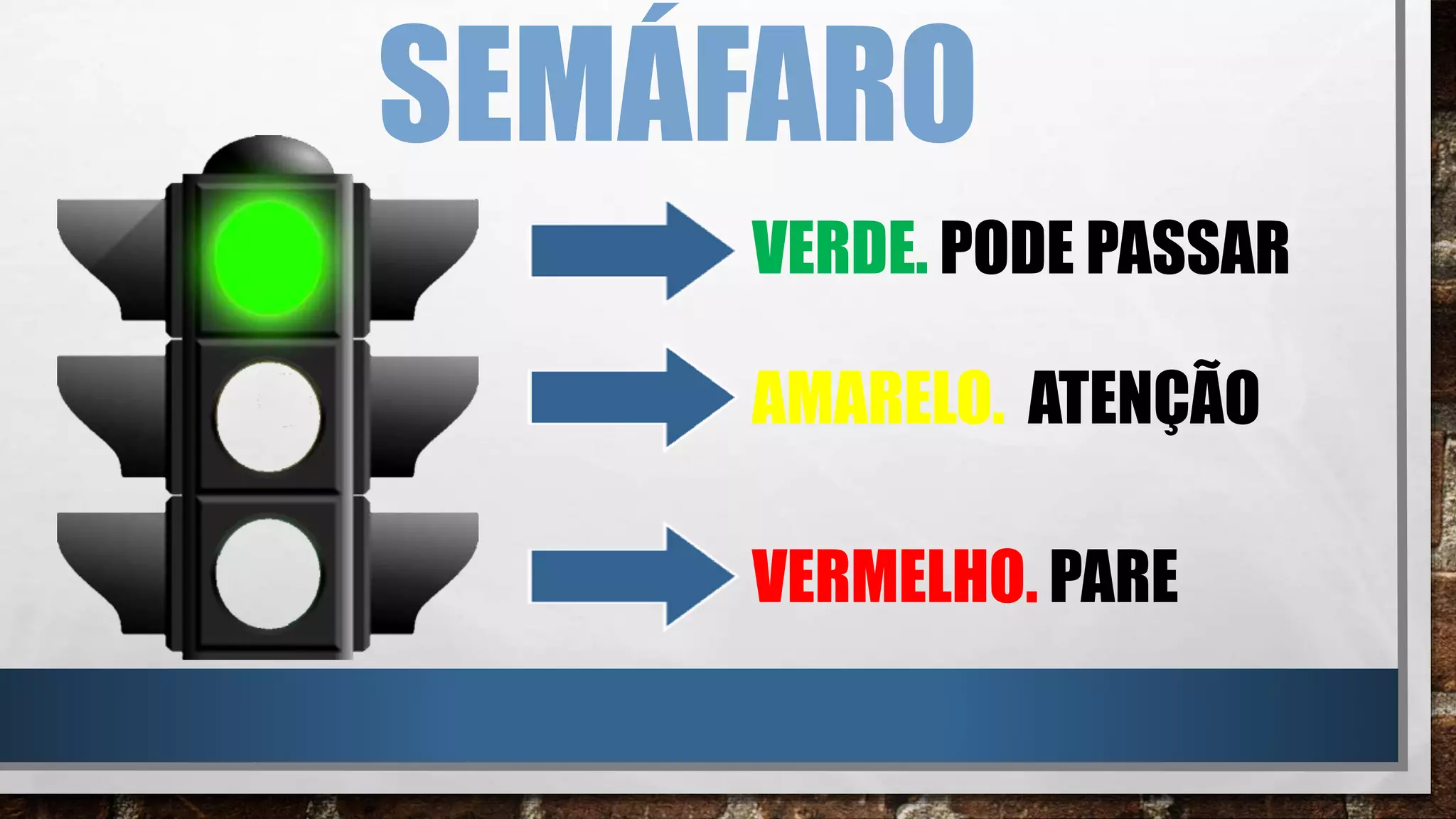 SEMÁFARO
VERDE. PODE PASSAR
AMARELO. ATENÇÃO
VERMELHO. PARE