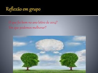 O que foi bom no ano letivo de 2014?
Em que podemos melhorar?
 