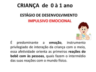 CRIANÇA de 0 à 1 ano
ESTÁGIO DE DESENVOLVIMENTO
IMPULSIVO EMOCIONAL
É predominante a emoção, instrumento
privilegiado de interação da criança com o meio,
essa afetividade orienta as primeiras reações do
bebê com às pessoas, quais fazem o intermédio
das suas reações com o mundo físico.
 