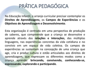 PRÁTICA PEDAGÓGICA
Na Educação Infantil, o arranjo curricular precisar contemplar os
Direitos de Aprendizagens, os Campos de Experiências e os
Objetivos de Aprendizagem e Desenvolvimento.
Esta organização é centrada em uma perspectiva de produção
de saberes, que compreende que a criança se desenvolve e
aprende através das relações e interações, das múltiplas
linguagens, nas experiências concretas da vida cotidiana e no
convívio em um espaço de vida coletiva. Os campos de
experiências se sustentam na concepção de uma criança que
age, cria e produz cultura e estão articulados aos direitos de
aprendizagem, que expressam os diferentes modos como a
criança aprende: brincando, convivendo, conhecendo-se,
expressando, explorando e participando.
 