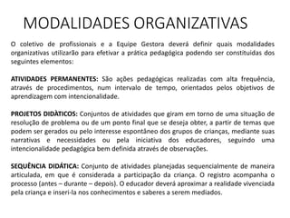 MODALIDADES ORGANIZATIVAS
O coletivo de profissionais e a Equipe Gestora deverá definir quais modalidades
organizativas utilizarão para efetivar a prática pedagógica podendo ser constituidas dos
seguintes elementos:
ATIVIDADES PERMANENTES: São ações pedagógicas realizadas com alta frequência,
através de procedimentos, num intervalo de tempo, orientados pelos objetivos de
aprendizagem com intencionalidade.
PROJETOS DIDÀTICOS: Conjuntos de atividades que giram em torno de uma situação de
resolução de problema ou de um ponto final que se deseja obter, a partir de temas que
podem ser gerados ou pelo interesse espontâneo dos grupos de crianças, mediante suas
narrativas e necessidades ou pela iniciativa dos educadores, seguindo uma
intencionalidade pedagógica bem definida através de observações.
SEQUÊNCIA DIDÁTICA: Conjunto de atividades planejadas sequencialmente de maneira
articulada, em que é considerada a participação da criança. O registro acompanha o
processo (antes – durante – depois). O educador deverá aproximar a realidade vivenciada
pela criança e inseri-la nos conhecimentos e saberes a serem mediados.
 