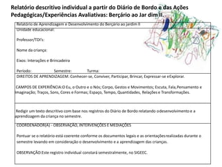 Relatório de Aprendizagem e Desenvolvimento do Berçário ao jardim II
Unidade educacional:
Professor/TDI’s:
Nome da criança:
Eixos: Interações e Brincadeira
Período: Semestre: Turma:
DIREITOS DE APRENDIZAGEM: Conhecer-se, Conviver, Participar, Brincar, Expressar-se eExplorar.
CAMPOS DE EXPERIÊNCIA:O Eu, o Outro e o Nós; Corpo, Gestos e Movimentos; Escuta, Fala,Pensamento e
Imaginação; Traços, Sons, Cores e Formas; Espaço, Tempo, Quantidades, Relações e Transformações.
Redigir um texto descritivo com base nos registros do Diário de Bordo relatando odesenvolvimento e a
aprendizagem da criança no semestre.
COORDENADOR(A) - OBSERVAÇÃO, INTERVENÇÕES E MEDIAÇÕES
Pontuar se o relatório está coerente conforme os documentos legais e as orientaçõesrealizadas durante o
semestre levando em consideração o desenvolvimento e a aprendizagem das crianças.
OBSERVAÇÃO:Este registro individual constará semestralmente, no SIGEEC.
Relatório descritivo individual a partir do Diário de Bordo e das Ações
Pedagógicas/Experiências Avaliativas: Berçário ao Jar dim II.
 