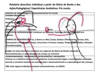 Relatório descritivo individual a partir do Diário de Bordo e das
AçõesPedagógicas/ Experiências Avaliativas: Pré escola
Relatório de Aprendizagem e Desenvolvimento Pré escola
Unidade educacional:
Professor:
Nome da criança:
Eixos: Interações e Brincadeira
Período: Bimestre: Turma:
DIREITOS DE APRENDIZAGEM: Conhecer-se, Conviver, Participar,Brincar, Expressar-se e
Explorar.
CAMPOS DE EXPERIÊNCIA:O Eu, o Outro e o Nós; Corpo, Gestos e Movimentos; Escuta, Fala,
Pensamento e Imaginação; Traços, Sons,Cores e Formas; Espaço, Tempo, Quantidades, Relações
e Transformações.
Redigir um texto descritivo com base nos registros do Diário de Bordo relatando o
desenvolvimento e a aprendizagem da criança no semestre.
COORDENADOR(A) - OBSERVAÇÃO, INTERVENÇÕES E MEDIAÇÕES
Pontuar se o relatório está coerente conforme os documentos legais e asorientações realizadas
durante o semestre levando em consideração o desenvolvimento e a aprendizagem das crianças.
OBS.:Este registro individual constará semestralmente, no SIGEEC.
 