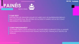 PAINÉISNOS 2 DIAS
O QUE SÃO?
EXPOSIÇÕES DE GRANDES NOMES DO MERCADO DE EMPREENDEDORISMO,
QUE CONTARÃO SUA TRAJETÓRIA DE SUCESSO E DARÃO DICAS DE COMO
MELHORAR O SEU NEGÓCIO.
COMO FUNCIONARÃO?
OS PAINÉIS TERÃO DOIS MÓDULOS E ACONTECERÃO DURANTE TODA A MANHÃ
COM ASSUNTOS FOCADOS NOS TEMAS: INOVAÇÃO, FINANÇAS E GESTÃO DE
VENDAS.
 