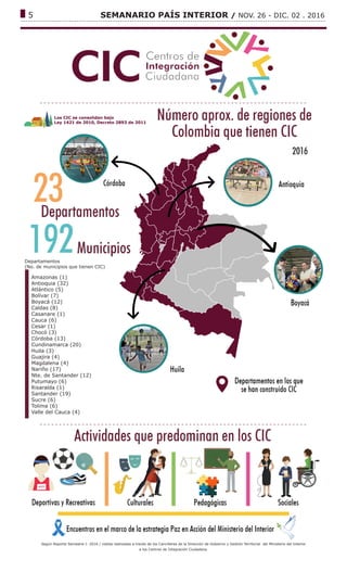 ------------------------------------------------------------------------------------------------------------------------------
5			 SEMANARIO PAÍS INTERIOR / NOV. 26 - DIC. 02 . 2016
Departamentos
(No. de municipios que tienen CIC)
Amazonas (1)
Antioquia (32)
Atlántico (5)
Bolívar (7)
Boyacá (12)
Caldas (8)
Casanare (1)
Cauca (6)
Cesar (1)
Chocó (3)
Córdoba (13)
Cundinamarca (20)
Huila (3)
Guajira (4)
Magdalena (4)
Nariño (17)
Nte. de Santander (12)
Putumayo (6)
Risaralda (1)
Santander (19)
Sucre (6)
Tolima (6)
Valle del Cauca (4)
Según Reporte Semestre I- 2016 / visitas realizadas a través de los Cancilleres de la Dirección de Gobierno y Gestión Territorial del Ministerio del Interior
a los Centros de Integración Ciudadana.
Los CIC se consolidan bajo
Ley 1421 de 2010, Decreto 2893 de 2011
 