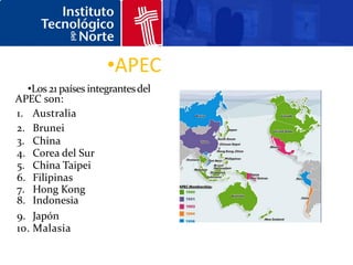 •APEC
  •Los 21 países integrantes del
APEC son:
1. Australia
2. Brunei
3. China
4. Corea del Sur
5. China Taipei
6. Filipinas
7. Hong Kong
8. Indonesia
9. Japón
10. Malasia
 