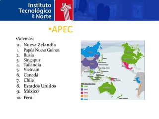 •APEC
•Además:
11. Nueva Zelandia
1. Papúa Nueva Guinea
2. Rusia
3. Singapur
4. Tailandia
5. Vietnam
6.    Canadá
7.    Chile
8.    Estados Unidos
9.    México
10.   Perú
 