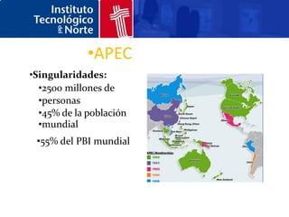 •APEC
•Singularidades:
  •2500 millones de
  •personas
  •45% de la población
  •mundial
 •55% del PBI mundial
 