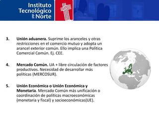 3.   Unión aduanera. Suprime los aranceles y otras
     restricciones en el comercio mutuo y adopta un
     arancel exterior común. Ello implica una Política
     Comercial Común. Ej. CEE.

4.   Mercado Común. UA + libre circulación de factores
     productivos. Necesidad de desarrollar más
     políticas (MERCOSUR).

5.   Unión Económica o Unión Económica y
     Monetaria. Mercado Común más unificación o
     coordinación de políticas macroeconómicas
     (monetaria y fiscal) y socioeconómicas(UE).
 