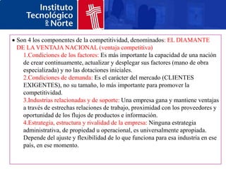 Son 4 los componentes de la competitividad, denominados: EL DIAMANTE
DE LA VENTAJA NACIONAL (ventaja competitiva)
  1.Condiciones de los factores: Es más importante la capacidad de una nación
  de crear continuamente, actualizar y desplegar sus factores (mano de obra
  especializada) y no las dotaciones iniciales.
  2.Condiciones de demanda: Es el carácter del mercado (CLIENTES
  EXIGENTES), no su tamaño, lo más importante para promover la
  competitividad.
  3.Industrias relacionadas y de soporte: Una empresa gana y mantiene ventajas
  a través de estrechas relaciones de trabajo, proximidad con los proveedores y
  oportunidad de los flujos de productos e información.
  4.Estrategia, estructura y rivalidad de la empresa: Ninguna estrategia
  administrativa, de propiedad u operacional, es universalmente apropiada.
  Depende del ajuste y flexibilidad de lo que funciona para esa industria en ese
  país, en ese momento.
 
