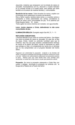 5
Jesucristo, misterios que empezaron con la entrada de Jesús en
Jerusalén. Acompañemos con fe y devoción a nuestro Salvador
en su entrada triunfal a la ciudad santa, para pedirle que entre
también en el corazón de nuestras familias, y comunidades.
Bendición de los ramos: Todos levantan los ramos y repiten con
el Animador de la celebración la oración de bendición.
Dios y Señor nuestro, bendice estos ramos, y a cuantos vamos a
acompañar a Cristo aclamándolo con cantos; concédenos la
gracia de crecer como comunidades de paz. Te lo pedimos por
Cristo Nuestro Señor. R/. Amén.
Todos agitan los ramos mientras son rociados con agua bendita.
Lema: Juntos sigamos a Cristo, defendiendo la vida como
comunidades de paz.
ILUMINACIÓN BÍBLICA: Evangelio según San Mt. 21, 1 – 11
REFLEXIÓN COMUNITARIA:
«¡Hosana! Bendito el que viene en nombre del Señor». San Mateo
nos narra la entrada de Jesús en Jerusalén. En este día, el Rey
de reyes, Cristo, mostró su profunda humildad para que la
imitemos. Que hoy sea para nosotros verdaderamente domingo
de ramos en la pasión del Señor, donde lo importante es Jesús
que entrega su vida y no simplemente los ramos de un domingo
que no nos comprometen con el proyecto liberador del mismo
Señor.
Organizar con anterioridad la procesión invitando a las familias del
sector o parroquia a participar del Domingo de Ramos orando por la paz
y la vida. - Motivar con anterioridad la elaboración de pancartas alusivas
al tema. - Motivar para que cada familia lleve unas semillas para
sembrarlas en señal de la vida nueva y la paz que queremos cultivar.
Procesión. Se inicia la procesión aclamando a Cristo Rey con
cantos y eslogan…terminada la procesión se continúa con la
liturgia de la Palabra de la Pasión del Señor:
 