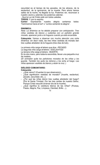 70
oscuridad es el tiempo de los pecados, de los atracos, de la
esclavitud, de la ignorancia, de la muerte. Pero ahora hemos
salido de la noche, ha llegado la luz. Podemos ver, reconocer a
nuestro vecino y además nos podemos calentar.
- Que la Luz de Cristo esté con todos ustedes.
TODOS: Y con tu espíritu.
Cantor: Expresando nuestra alegría cantamos todos:
“Caminamos hacia el sol” o “Juntos cantando la alegría”.
DINÁMICA:
Nota: La dinámica se ha debido preparar con anticipación. Tres
niñas vestidas de blanco y cubiertas con un pañolón grande
morado, aparecen junto a la hoguera cuando ya está encendida.
Catequista: Vamos a observar con mucha atención una corta
dinámica: sin decir nada, las tres niñas vestidas de morado dan
tres vueltas alrededor de la hoguera (tres días de luto).
La primera niña carga el letrero que dice: -PECADO
La segunda niña carga el letrero: -ESCLAVITUD
La tercera niña carga el letrero: -MUERTE.
En la otra mano, pero todavía escondida, llevan una pequeña cruz
de madera.
(El animador quita los pañolones morados de las niñas y los
guarda. También les quita los letreros y los echa al fuego. Las
niñas aparecen vestidas de blanco y alzan la cruz. )
DIÁLOGO COMUNITARIO:
Catequista:
- ¿Qué vieron? (Cuentan lo que observaron)...
- ¿Qué significaron vestidas de morado? (muerte, esclavitud,
pecado, oscuridad, etc...).
- ¿Por qué las niñas dieron tres vueltas alrededor del fuego?
(Por la Santa Trinidad, Por las tres caídas de nuestro Señor,
Porque Cristo resucitó al tercer día de la muerte).
- ¿Qué significa la vestidura blanca de las niñas? (Pureza,
Fiesta, Alegría, Paz, Limpieza, Claridad, Brillo ...).
 
