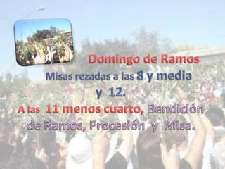                      Domingo de RamosMisas rezadas a las 8 y media  y  12.A las  11 menos cuarto, Bendición de Ramos, Procesión  y  Misa.
