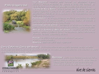 Tour Regional: recorrido para conocer los principales lugares
                                    turísticos , Parque Provincial, Va. Serrana la Gruta, Villa Ventana, Sa.
    Pablo Gaggero 4x4               de la Ventana, con reseñas de geología, historia, flora y fauna. 4 hs.
                                    Turismo de Río y Sierra: Cruce y bordeo del Río Sauce Grande por
                                    lugares agrestes. Ascenso a un cerro para disfrutar de puntos
                                    panorámicos. Parada en un bosque junto al río acompañados con un
                                    café, mate, té y algo rico.
                                    Fauna exótica: en un agreste campo tendrán la oportunidad de estar a
                                    pocos metros de ciervos, jabalíes, muflones, cabras de anatolia y
                                    contemplar un fachinal con su flora y fauna.
                                    Caminando por las sierras: bordeando un arroyo nos internamos en
                                    sierras formadas hace millones de años y modificadas por la naturaleza.
                                    Abra de la Ventana y Abra del Hinojo: Recorrido de 170 km por
                                    caminos serranos cruzando vados, contemplando sierras, atravesando
                                    el cordón Ventana, Curamalal y Bravard.
                                    Precios: de $120 a $180 por persona. mínimo 4 personas.
                                    Precio especial a familias.
                                    Reservas: 0291-4915574 / 0291-154276417

Cerro Ceferino (Cerro del Amor): Se accede mediante una pequeña caminata de bajo esfuerzo
hasta llegar a la cima desde donde se puede disfrutar de una hermosa vista panorámica de la localidad de Sierra
de la Ventana y del sistema serrano.


                                                          Recreos: Sierra de la Ventana cuenta con varios
                                                           recreos sobre las márgenes del río Sauce Grande
                                                           ideales para disfrutar de una tarde al aire libre.
                                                           Ellos son: El Dique, La Hoya y Los Angelitos
 