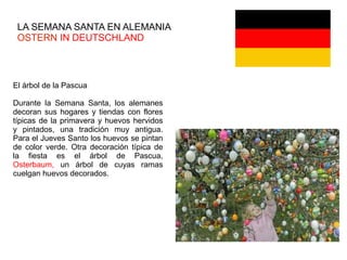 LA SEMANA SANTA EN ALEMANIA
OSTERN IN DEUTSCHLAND
El árbol de la Pascua
Durante la Semana Santa, los alemanes
decoran sus hogares y tiendas con flores
típicas de la primavera y huevos hervidos
y pintados, una tradición muy antigua.
Para el Jueves Santo los huevos se pintan
de color verde. Otra decoración típica de
la fiesta es el árbol de Pascua,
Osterbaum, un árbol de cuyas ramas
cuelgan huevos decorados.
 