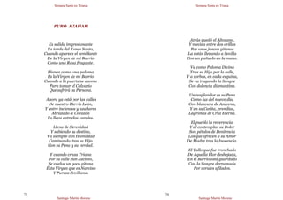 Semana Santa en Triana
Santiago Martín Moreno
73
PURO AZAHAR
Es salida impresionante
La tarde del Lunes Santo,
Cuando aparece el semblante
De la Virgen de mi Barrio
Como una Rosa fragante.
Blanca como una paloma
Es la Virgen de mi Barrio
Cuando a la puerta se asoma
Para tomar el Calvario
Que sufrirá su Persona.
Ahora ya está por las calles
De nuestro Barrio León,
Y entre inciensos y azahares
Abrazado el Corazón
Lo lleva entre los varales.
Llena de Serenidad
Y sabiendo su destino,
Va siempre con Humildad
Caminando tras su Hijo
Con su Pena y su verdad.
Y cuando cruza Triana
Por su calle San Jacinto,
Se vuelve un poco gitana
Ésta Virgen que es Narciso
Y Pureza Sevillana.
Semana Santa en Triana
Santiago Martín Moreno
74
Atrás quedó el Altozano,
Y mecida entre dos orillas
Por unos juncos gitanos
La están llevando a Sevilla
Con un pañuelo en la mano.
Va como Paloma Divina
Tras su Hijo por la calle,
Y a sorbos, en cada esquina,
Se va tragando la Sangre
Con dolencia diamantina.
Un resplandor es su Pena
Como luz del nuevo día,
Con blancura de Azucena,
Y en su Carita, prendías,
Lágrimas de Cruz Eterna.
El pueblo la reverencia,
Y al contemplar su Dolor
Son pétalos de Penitencia
Los que ofrecen a su Amor
De Madre tras la Inocencia.
El Tallo que fue tronchado
De Aquella Flor deshojada,
En el Barrio está guardado
Con la Sangre derramada
Por corales afilados.
 