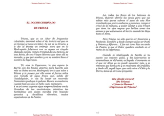 Semana Santa en Triana
Santiago Martín Moreno
111
EL DOLOR CORONADO
DE TRIANA
Triana, que es un Altar de fragancias
celestiales, derramó sobre el río toda la sal que en
un tiempo se tenía en labor. La sal de su Gracia, y
le dio al Puente un embrujo para que en la
Madrugada fabricara con su aguas un cíngulo
plateado para la cintura Virginal de una Señora, de
una Reina, de una Virgen Morena que tiene allí su
morada, y que por nombre y en su nombre lleva el
nombre de Esperanza.
Tú, eres la Esperanza, la que espera tu
Barrio con los brazos abiertos para hacerte aún
más su Reina en esa Madrugada en la que sales a
Triana y te paseas por ella como si fueras sobre
una rociada de agua fresca que, salida del
Guadalquivir, te vas ha hacer un recorrido
Pasionista igual que la paloma Blanca se enseñorea
cuando bate sus alas en bello vuelo mañanero.
Y es así como tu gente sigue sorprendiéndose con la
Grandeza de tus movimientos, mientras tus
bambalinas con dulces mecidas irán besando
geranios y clavellinas ribereños, mudos
espectadores de la Pasión.
Semana Santa en Triana
Santiago Martín Moreno
112
Así, todas las flores de los balcones de
Triana, Quieren abrirse las venas para que sus
sabias más puras cubran el paso de una Flor
tronchada que, entre azahares y jazmines, rompe el
crisol de la mañana, y poder cantar a una Virgen
que tiene los ojos negros que brillan como dos
ascuas y que estremecen al barrio cuando les llega
hasta el Alma.
Pero Triana, no sólo quería ser Nazarena y
Penitente. También y desde siempre quiso ser Poeta
y Pintora y Alfarera… Y fue así como hizo un ancla
de Pasión, y que el Dolor quedara anclado en el
Pecho de su Esperanza.
Cuando la Madrugada de Sevilla se ha
puesto sus mejores galas, y las lucernarias se
arremolinan en el Puente, es llegado el momento en
el que mi Alma ya no puede aguantar más, y es
entonces que llora y ríe y se encarama al Giraldillo,
y desde allí, aquél lugar que está entre el Cielo y la
Tierra, lanza al aire una pregunta:
¿De dónde vienes?
¡De Triana!
¿Cómo te llamas?
¡Esperanza de Triana!
 