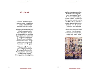 Semana Santa en Triana
Santiago Martín Moreno
131
E X P I R A R
Cachorro de Dulce Amor.
Tu gente como una esclava
Te está llevando a Sevilla
Desde el Alma de Triana.
Sal y Sangre, Viernes tarde;
Toda, toda apasionada
Por el clamor del silencio
De una Oración sin palabras;
Angustia y llanto encerrados
En una Humilde Plegaria
Como Pena reprimida…
Exclamación que se alarga
Como el ¡ay! De la Saeta
Cuando se hace de agua.
Triana es toda Fervor.
Toda de Amor entregada
Tras aquella Expiración
Que expirando tan amarga
Se abre como la Flor
Que regara nuestras lágrimas.
Semana Santa en Triana
Santiago Martín Moreno
132
Cachorro de sombra y Luz.
Matiz de la madrugada,
Perfil de la noche Eterna
Y arista de torres altas,
Donde habitan los sentires
Del Embrujo y de la Gracia,
Del Arte y de los ensueños
Que la Muerte proclamara
Como el paso de la vida
Cuando la vida se acaba.
Ya estás muy cerca Cachorro.
Traes la vida abrazada.
Ya estás pasando Cachorro…
Un año más: ¡Pasa, pasa!
 