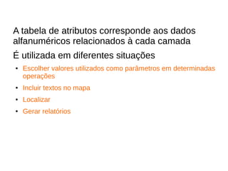 A tabela de atributos corresponde aos dados
alfanuméricos relacionados à cada camada
É utilizada em diferentes situações
● Escolher valores utilizados como parâmetros em determinadas
operações
● Incluir textos no mapa
● Localizar
● Gerar relatórios
 