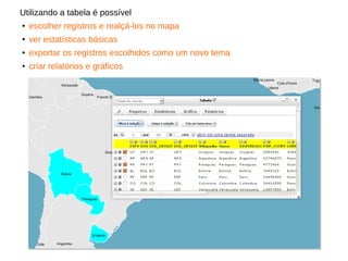 Utilizando a tabela é possível
● escolher registros e realçá-los no mapa
●
ver estatísticas básicas
● exportar os registros escolhidos como um novo tema
● criar relatórios e gráficos
 