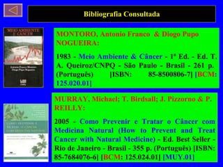 Bibliografia Consultada MONTORO, Antonio Franco  & Diogo Pupo NOGUEIRA: 1983 -  Meio Ambiente & Câncer  - 1ª Ed. - Ed. T. A. Queiroz/CNPQ - São Paulo - Brasil - 261 p.  (Português) [ISBN: 85-8500806-7]  [ BCM : 125.020.01]  MURRAY, Michael; T. Birdsall; J. Pizzorno & P. REILLY: 2005 -  Como Prevenir e Tratar o Câncer com Medicina Natural (How to Prevent and Treat Cancer with Natural Medicine)  - Ed. Best Seller - Rio de Janeiro - Brasil - 355 p. (Português) [ISBN: 85-7684076-6] [ BCM : 125.024.01]  [MUY.01] 