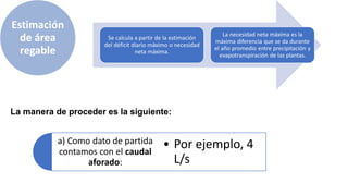 Estimación
de área
regable
Se calcula a partir de la estimación
del déficit diario máximo o necesidad
neta máxima.
La necesidad neta máxima es la
máxima diferencia que se da durante
el año promedio entre precipitación y
evapotranspiración de las plantas.
La manera de proceder es la siguiente:
a) Como dato de partida
contamos con el caudal
aforado:
• Por ejemplo, 4
L/s
 