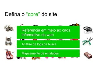 Defina o “core” do site

       Referência em meio ao caos
       informativo da web

       Análise de logs de busca

       Mapeamento de entidades
 
