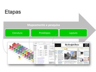 Etapas

              Mapeamento e pesquisa

  Estrutura          Protótipos       Layouts
 