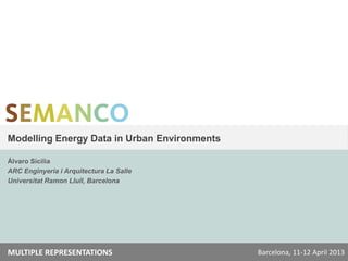 Modelling Energy Data in Urban Environments

Álvaro Sicilia
ARC Enginyeria i Arquitectura La Salle
Universitat Ramon Llull, Barcelona




MULTIPLE REPRESENTATIONS                      Barcelona, 11-12 April 2013
 