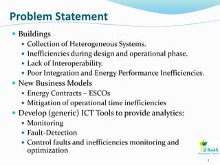 Problem Statement
 Buildings
 Collection of Heterogeneous Systems.
 Inefficiencies during design and operational phase.
 Lack of Interoperability.
 Poor Integration and Energy Performance Inefficiencies.
 New Business Models
 Energy Contracts – ESCOs
 Mitigation of operational time inefficiencies
 Develop (generic) ICT Tools to provide analytics:
 Monitoring
 Fault-Detection
 Control faults and inefficiencies monitoring and
optimization
3
 