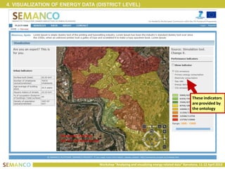 4. VISUALIZATION OF ENERGY DATA (DISTRICT LEVEL)




                                                                                                These indicators
                                                                                                are provided by
                                                                                                the ontology




                                 Workshop “Analysing and visualising energy related data” Barcelona, 11-12 April 2013
 