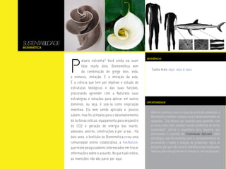 SUSTENT LIDADE
       ABI
Biomimética




                 P
                                                                     REFERÊNCIA
                         alavra estranha? Você ainda vai ouvir
                         falar muito dela. Biomomética vem
                                                                        Saiba mais aqui, aqui e aqui.
                         da combinação do grego bíos, vida,
                 e mímesis, imitação. É a imitação da vida.
                 É a ciência que tem por objetivo o estudo de
                 estruturas biológicas e das suas funções,
                 procurando aprender com a Natureza suas
                 estratégias e soluções para aplicar em outros
                                                                     OPORTUNIDADE
                 domínios, ou seja, é usá-la como inspiração
                 inventiva. Ela vem sendo aplicada e, poucos
                                                                       Além de contribuir para a causa de proteção ambiental, a
                 sabem, mas foi utilizada para o desenvolvimento       Biomimética também colabora para o desenvolvimento de
                 de turbinas eólicas, equipamento para seqüestro       inovações. “Ela oferece um caminho para aprender com
                 de CO2 e geração de energia das marés,                os seres vivos como resolver nossos problemas de forma
                                                                       sustentável”, afirma o engenheiro Jairo Siqueira, que
                 adesivos, velcros, construções e por aí vai... Há
                                                                       desenvolveu o conceito de Criatividade Aplicada, onde
                 dois anos, o Instituto de Biomimética criou uma       estratégias são ferramentas para o desenvolvimento do
                 comunidade online colaborativa, a AskNature,          pensamento criativo e solução de problemas. Agora te
                 que reúne pesquisadores interessados em trocar        pergunto, por que não recorrer também a tais inspirações
                                                                       naturais para nos aproximar e comunicar com as pessoas?
                 informações sobre o assunto. Ao que tudo indica,
                 as invenções não vão parar por aqui.
 