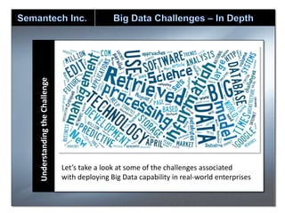 Understanding the Challenge

Let’s take a look at some of the challenges associated
with deploying Big Data capability in real-world enterprises
12

 