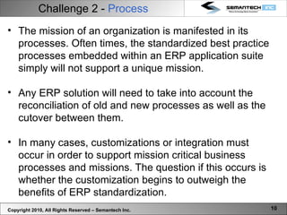Challenge 2 -  Process Copyright 2010, All Rights Reserved – Semantech Inc. The mission of an organization is manifested in its processes. Often times, the standardized best practice processes embedded within an ERP application suite simply will not support a unique mission.  Any ERP solution will need to take into account the reconciliation of old and new processes as well as the cutover between them. In many cases, customizations or integration must occur in order to support mission critical business processes and missions. The question if this occurs is whether the customization begins to outweigh the benefits of ERP standardization. 