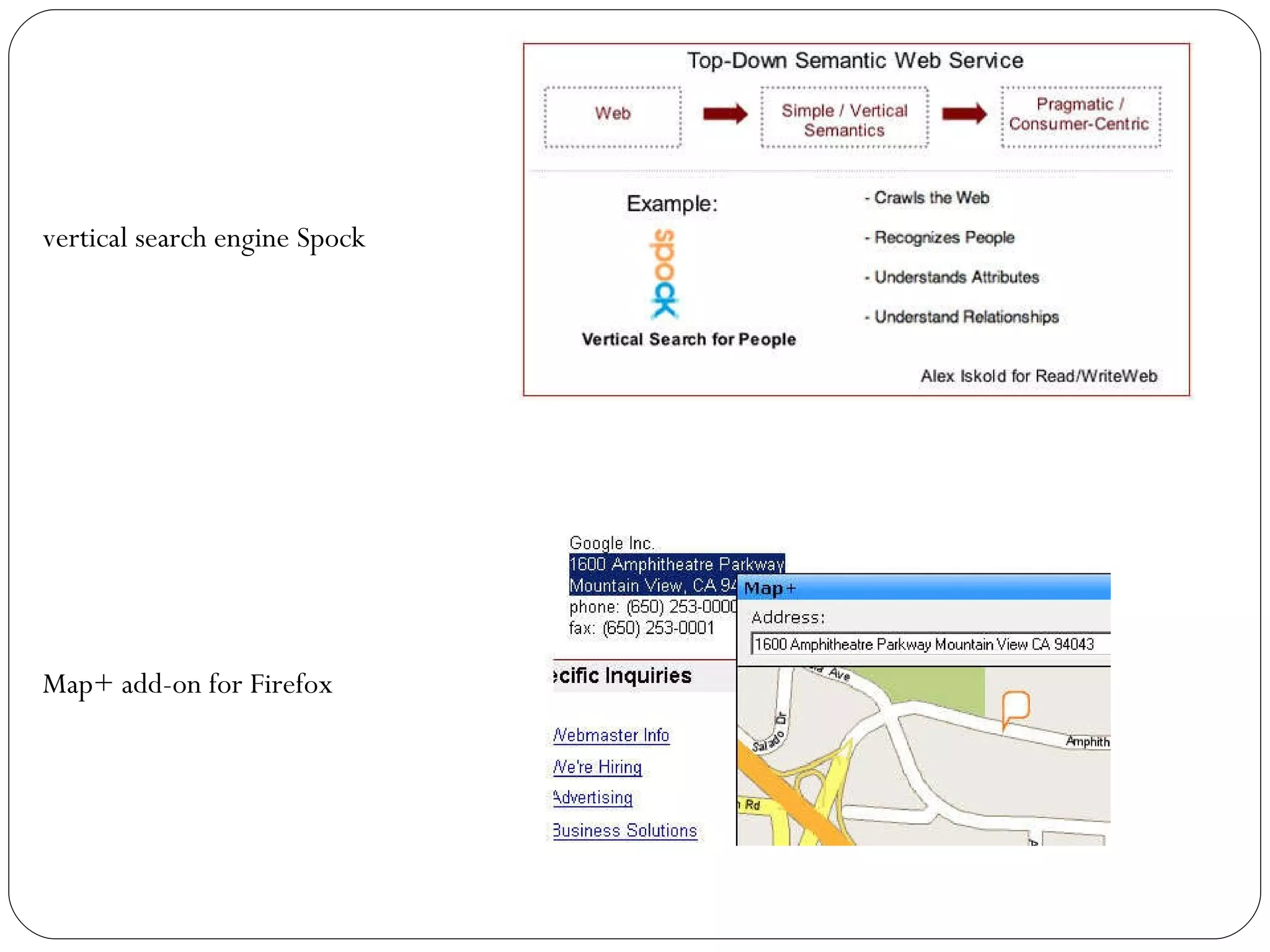 Map+ add-on for Firefox vertical search engine Spock 