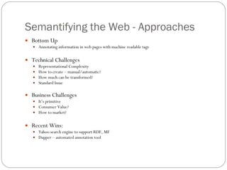 Semantifying the Web - Approaches Bottom Up Annotating information in web pages with machine readable tags Technical Challenges Representational Complexity How to create – manual/automatic? How much can be transformed? Standard Issue Business Challenges It’s primitive Consumer Value? How to market? Recent Wins: Yahoo search engine to support RDF, MF Dapper – automated annotation tool 