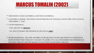 MARCUS TOMALIN (2002)
•
•
•

TIME DEIXIS CAN BE CALENDRICAL AND NON-CALENDRICAL
CALENDRICAL PERIOD : THE FIXED-LENGTH SEQUENCE OF NATURALLY GIVEN TIME UNITS, SUCH AS
”SEPTEMBER”,” YEAR”
CAN BE POSITIONAL:
“I WILL SEE YOU ON MONDAY”,
“YOU HAVE TO SUBMIT THE PROPOSAL BY THE END OF APRIL”

•

OR NON-POSITIONAL- THE TIME ADVERBS CAN BE RELATIVE TO THE TIME WHEN AN UTTERANCE IS
MADE OR WHEN THE UTTERANCE IS HEARD- FILLMORE (1971) CALL THE MOMENT OF UTTERANCE AS
ENCODING TIME (ET) AND THE MOMENT OF RECEPTION AS DECODING TIME (DT).

 