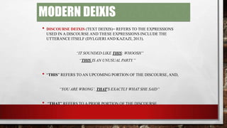 MODERN DEIXIS
•

DISCOURSE DEIXIS (TEXT DEIXIS)= REFERS TO THE EXPRESSIONS
USED IN A DISCOURSE AND THESE EXPRESSIONS INCLUDE THE
UTTERANCE ITSELF (DYLGJERI AND KAZAZI, 2013).

“IT SOUNDED LIKE THIS: WHOOSH”
“THIS IS AN UNUSUAL PARTY.”

•

“THIS” REFERS TO AN UPCOMING PORTION OF THE DISCOURSE, AND,
“YOU ARE WRONG’. THAT'S EXACTLY WHAT SHE SAID”

•

“THAT” REFERS TO A PRIOR PORTION OF THE DISCOURSE.

 